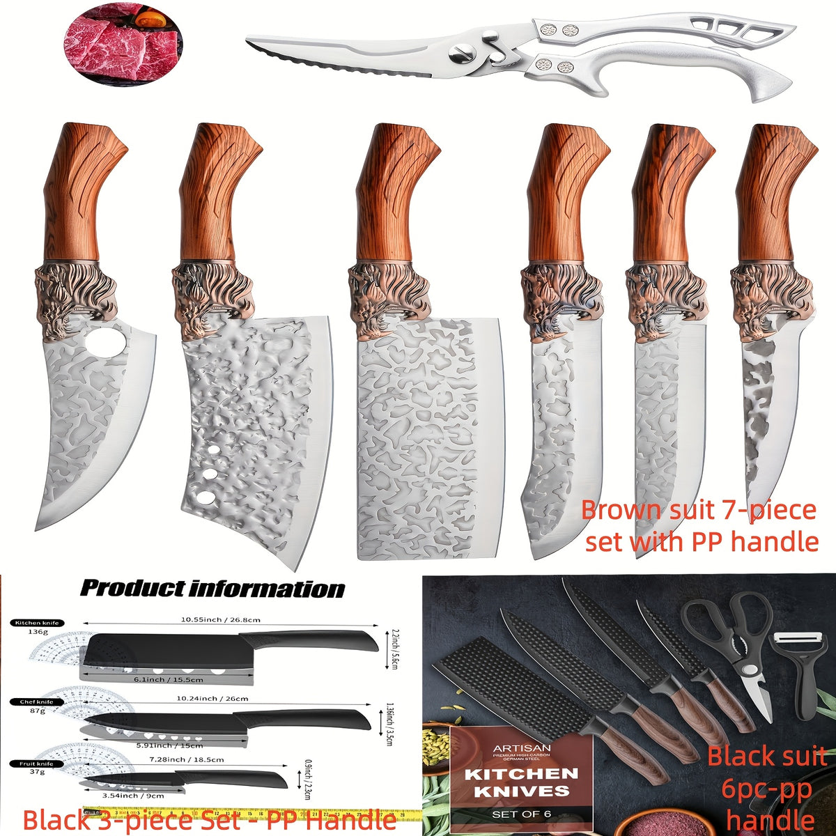 Kitchen Chef Knife Set for Everyday Food Preparation, Listed 5Cr15MoV Steel Blades with PP Handles in Black 3- or 6-Piece and Brown 7-Piece Options