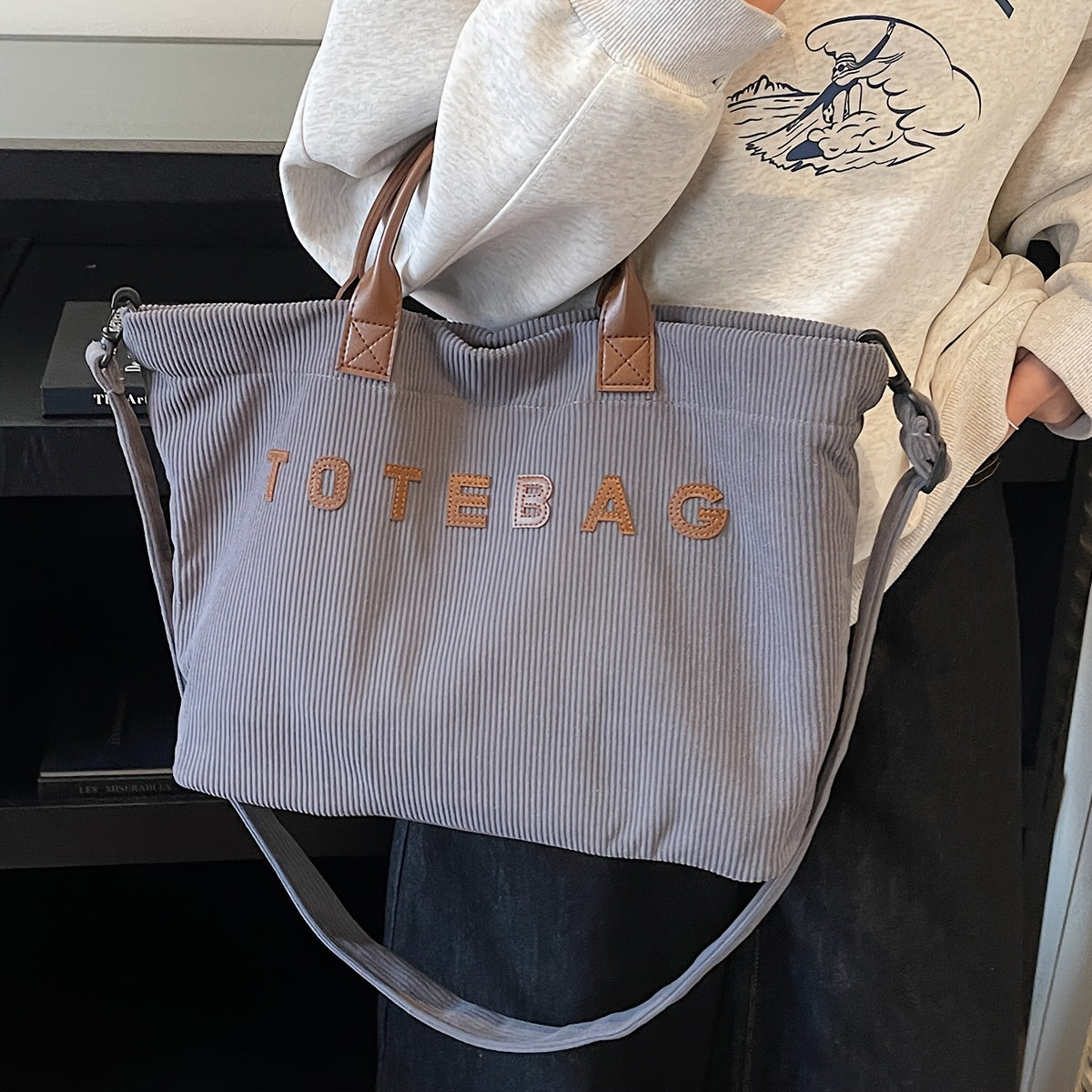 Corduroy Crossbody Tote Bag for Women with Adjustable Strap and Listed Hook-and-Loop Closure, Solid Color Shoulder Handbag for Commuting, Shopping and Casual Travel