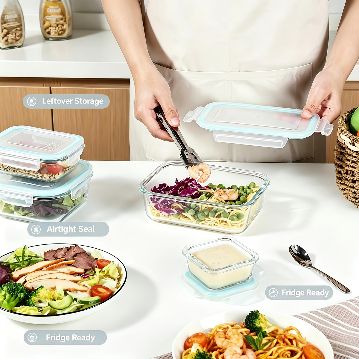 Glass Food Storage Containers for Bento Lunch Portions and Everyday Meal Prep, Listed Eight-Piece Kitchen Organization Set in Pink, Gray, Blue or Green