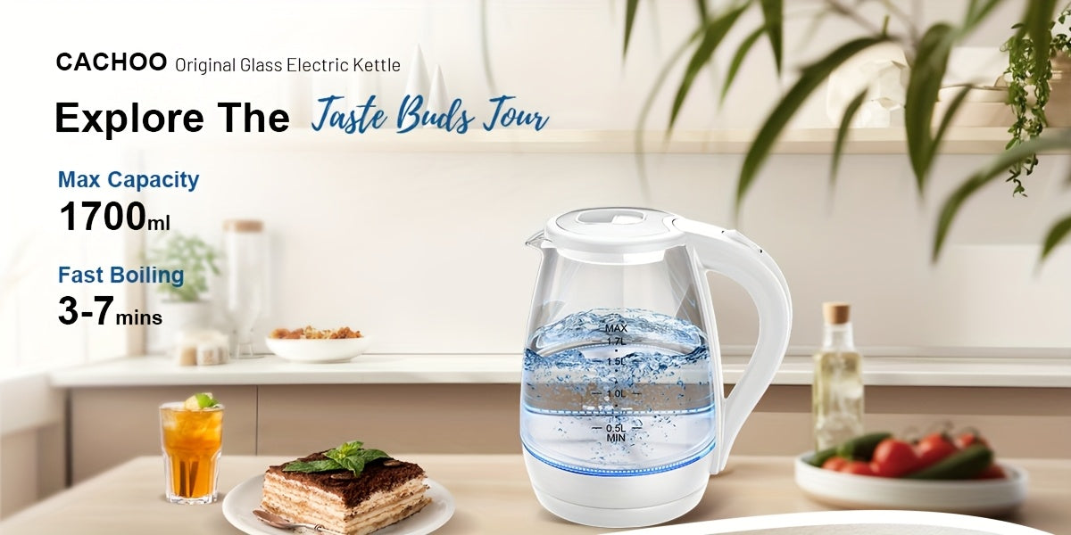Blue LED Glass Electric Kettle with Listed 1.7L Capacity and 1200W Heating, Angled Pouring Spout, Auto-Shutoff and Boil-Dry Protection for Tea and Hot Water