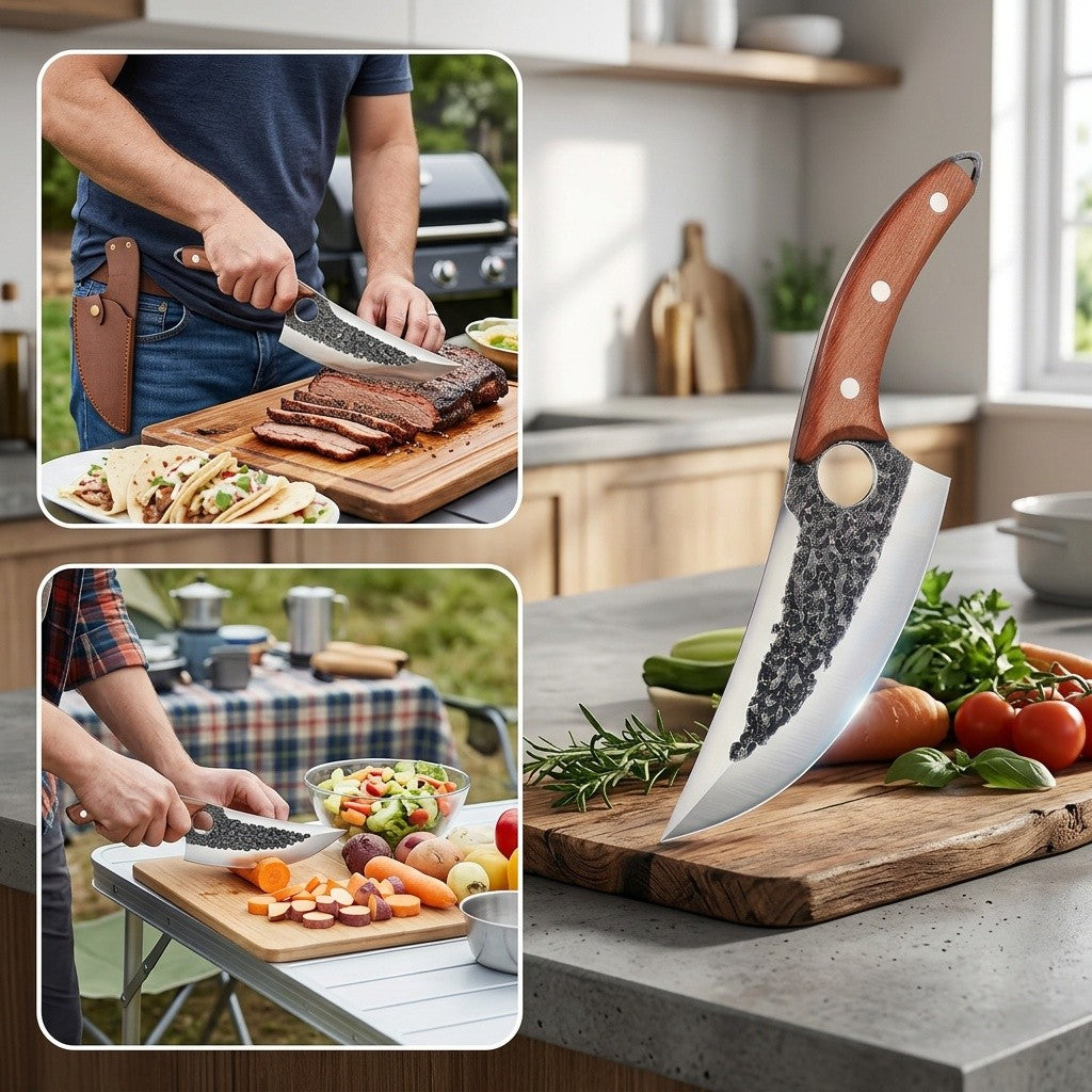 Viking Style Chef Knife with Sheath and Listed Sourwood Handle, Approximately 7-Inch High Carbon Steel Blade for Meat and Vegetable Prep, Camping Cooking and BBQ