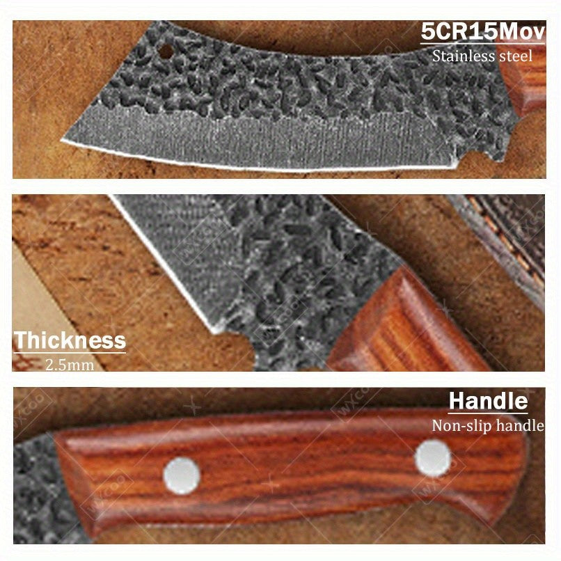 Three Piece Chef Knife Set with Listed 5Cr15MoV Stainless Steel Blades and Hammered Texture for Meat, Fish, Vegetable Preparation and Backyard BBQ Cooking