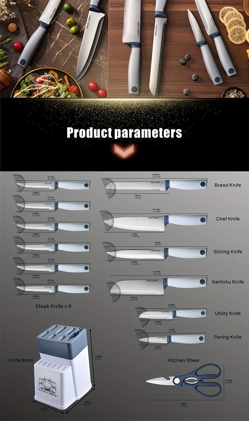 High Carbon Stainless Steel Knife Set with Manual Sharpener and Holder Base, Plastic Handle Kitchen Collection in 14-Piece and 13+1 Color-Labeled Options