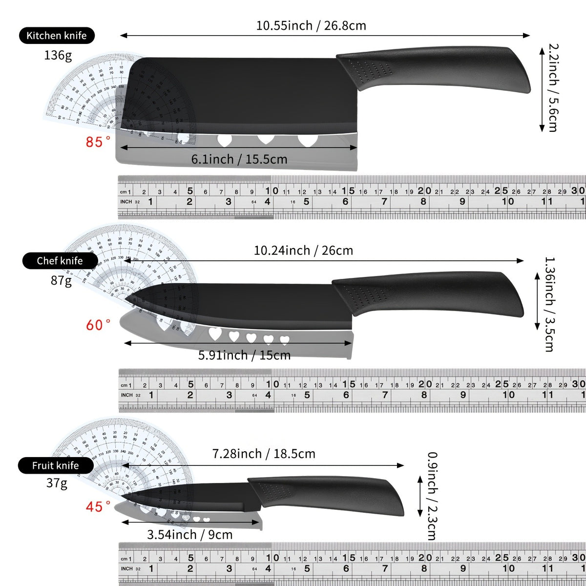 Kitchen Chef Knife Set for Everyday Food Preparation, Listed 5Cr15MoV Steel Blades with PP Handles in Black 3- or 6-Piece and Brown 7-Piece Options