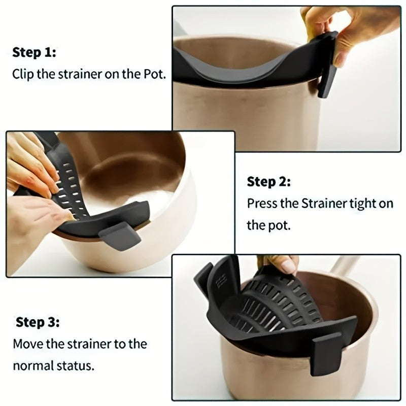 Clip-On Silicone Strainer with Metal Clip for Compatible Pots and Pans, Dishwasher-Safe Pasta and Vegetable Drainer, Listed 446°F Heat Resistance, Random Style