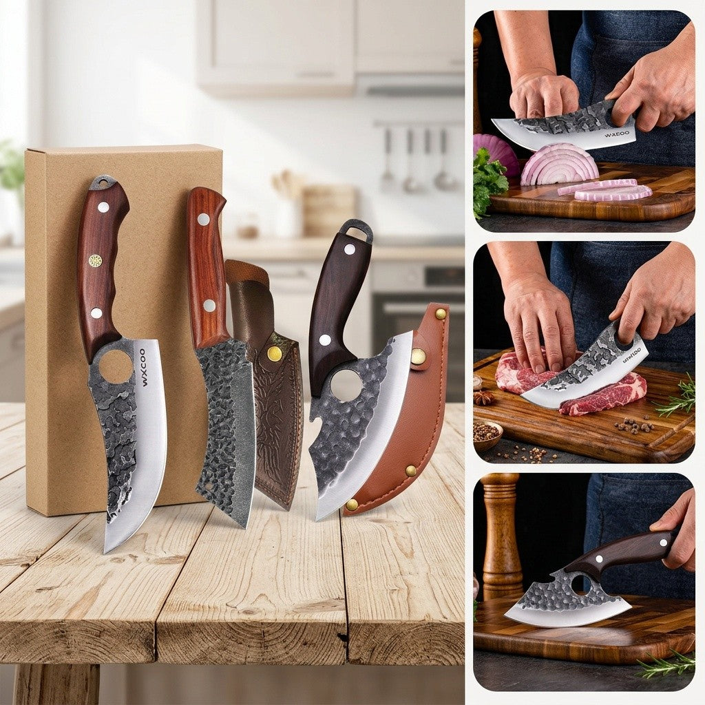 Three Piece Chef Knife Set with Listed 5Cr15MoV Stainless Steel Blades and Hammered Texture for Meat, Fish, Vegetable Preparation and Backyard BBQ Cooking