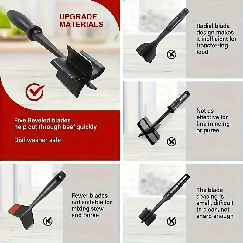 Plastic Meat Chopper and Masher, Single Manual Ground Beef Mixing Tool in Black, Red or Green for Hamburger Preparation, Taco Fillings and Everyday Kitchen Meal Prep