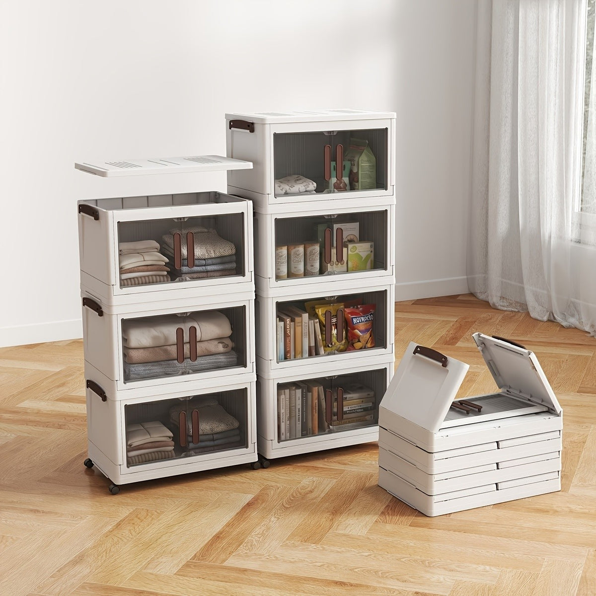Foldable Plastic Storage Cabinet with Wheels and Transparent Organizer References, White 3pcs, 4pcs or 5pcs Models for Bedroom and Living Room Organization