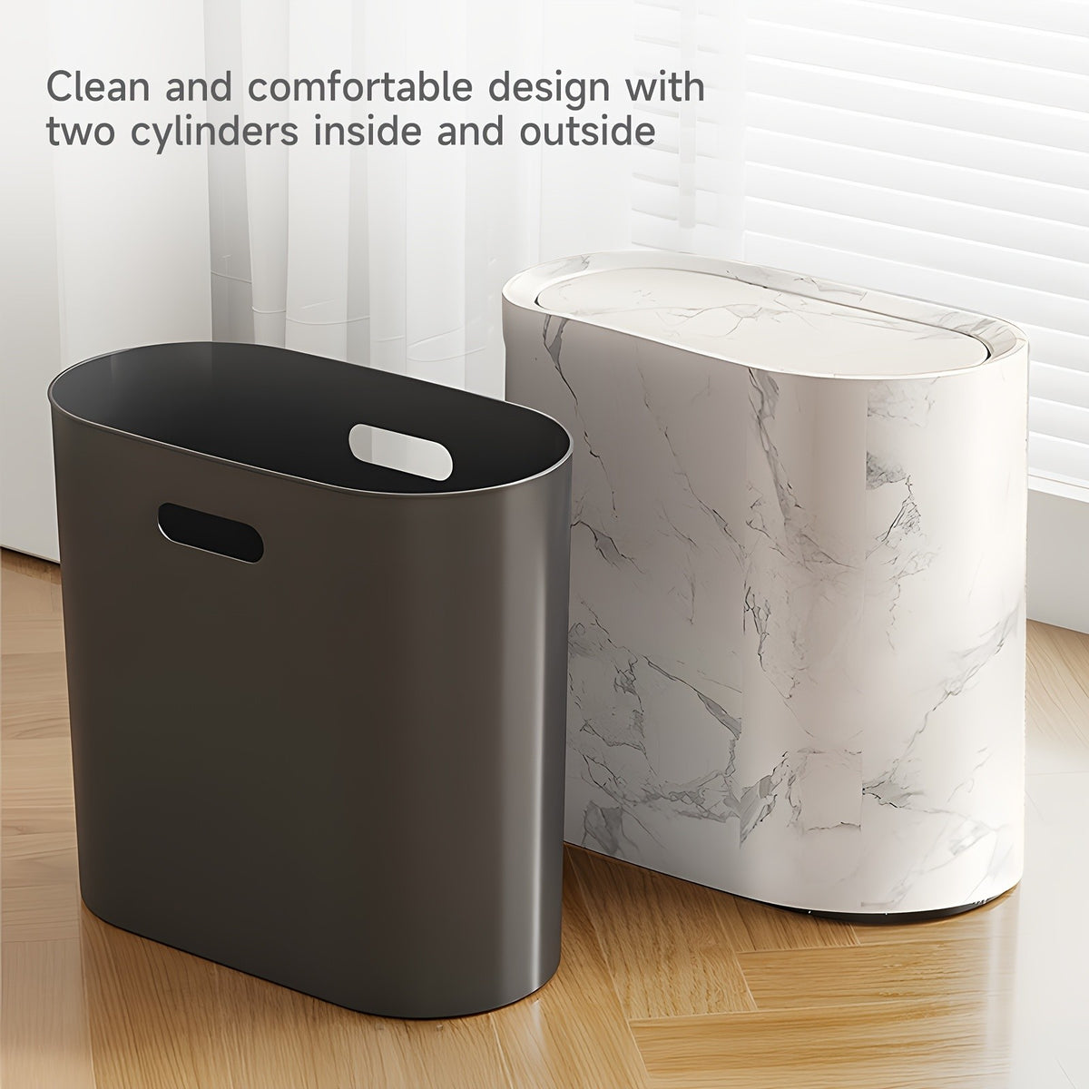 Plastic Wastebasket with Built-In Handles, Wood Grain, Black or White Options and Two-Piece Set for Bathroom, Laundry Room and Home Office
