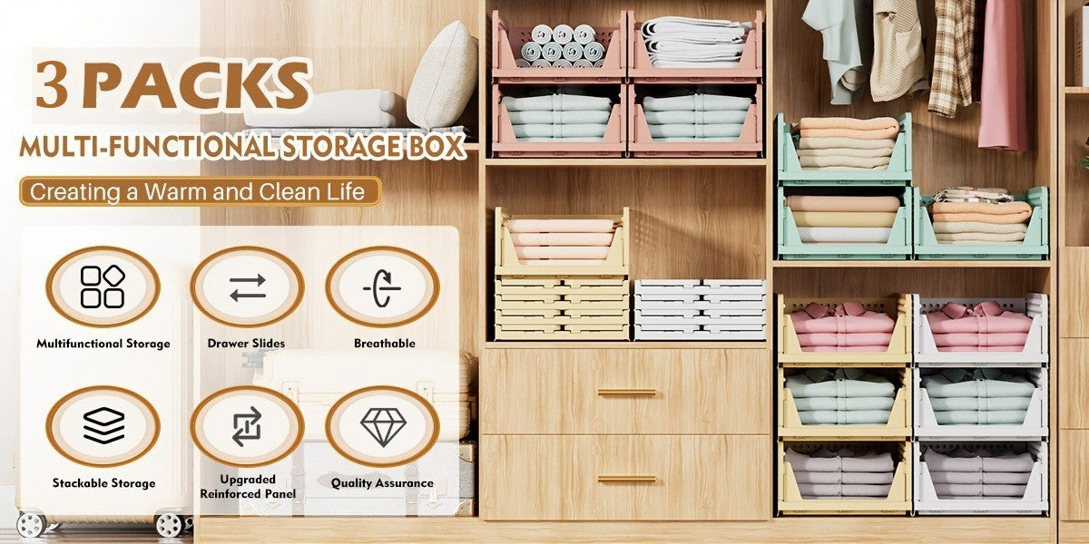 Stackable Closet Storage Baskets, 3-Piece Foldable Organizer Set with Listed 16.73 x 13.11 x 7.2 Inch Bins for Clothes, Files and Household Essentials