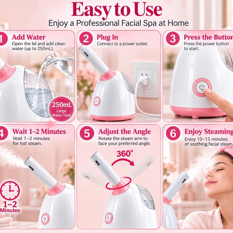 At-Home Facial Steamer Options for Personal Skin Care, Portable, Upgraded and Flagship Models with Listed Rotatable Arm and Accessory References