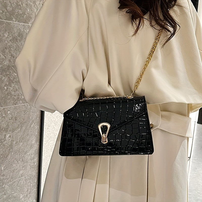 Reptile-Pattern Crossbody Bag for Women with Chain Strap Styling and Gold-Tone Hardware, White, Green or Rose Red Shoulder Purse for Casual and Evening Outfits