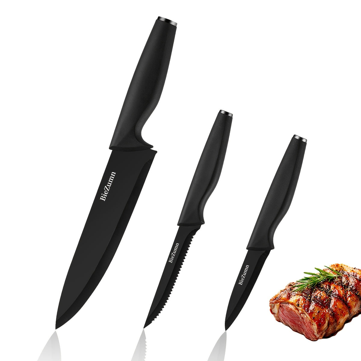 BieZumn Kitchen Knife Set with Black 3-Piece or 14-Piece Options for Everyday Home Cooking, Fruit Preparation and Meal Prep, Multi-Purpose Kitchen Cutlery Selection