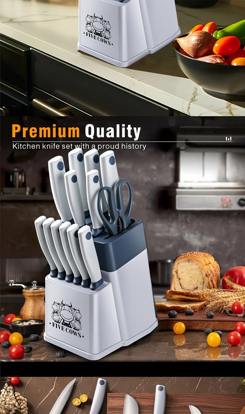 High Carbon Stainless Steel Knife Set with Manual Sharpener and Holder Base, Plastic Handle Kitchen Collection in 14-Piece and 13+1 Color-Labeled Options
