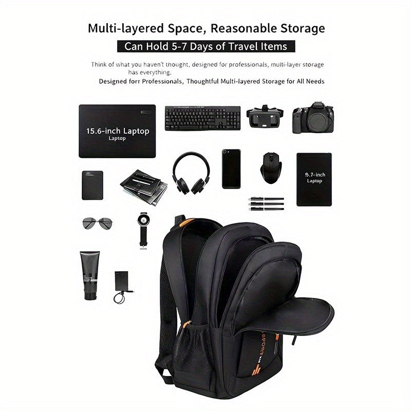 Travel Backpack with Plush Ball Pendant for Men and Women, Nylon Multi-Compartment Carry Bag with Adjustable Shoulder Straps in Black, Blue, Green or Orange