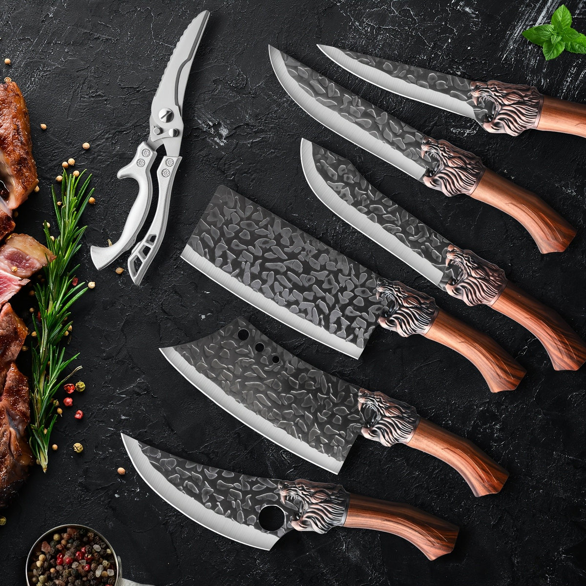 Kitchen Chef Knife Set for Everyday Food Preparation, Listed 5Cr15MoV Steel Blades with PP Handles in Black 3- or 6-Piece and Brown 7-Piece Options