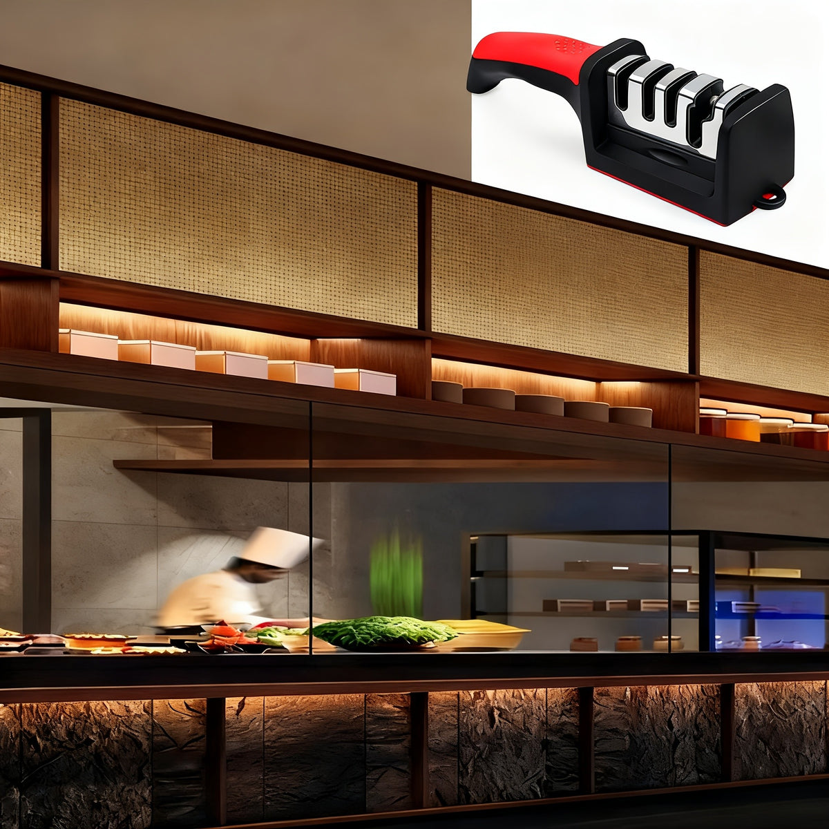 4-Stage Knife Sharpener with Non-Slip Grip, Red and Black Kitchen Edge-Care Tool with Listed Tungsten, Diamond and Ceramic Abrasives for Compatible Knives