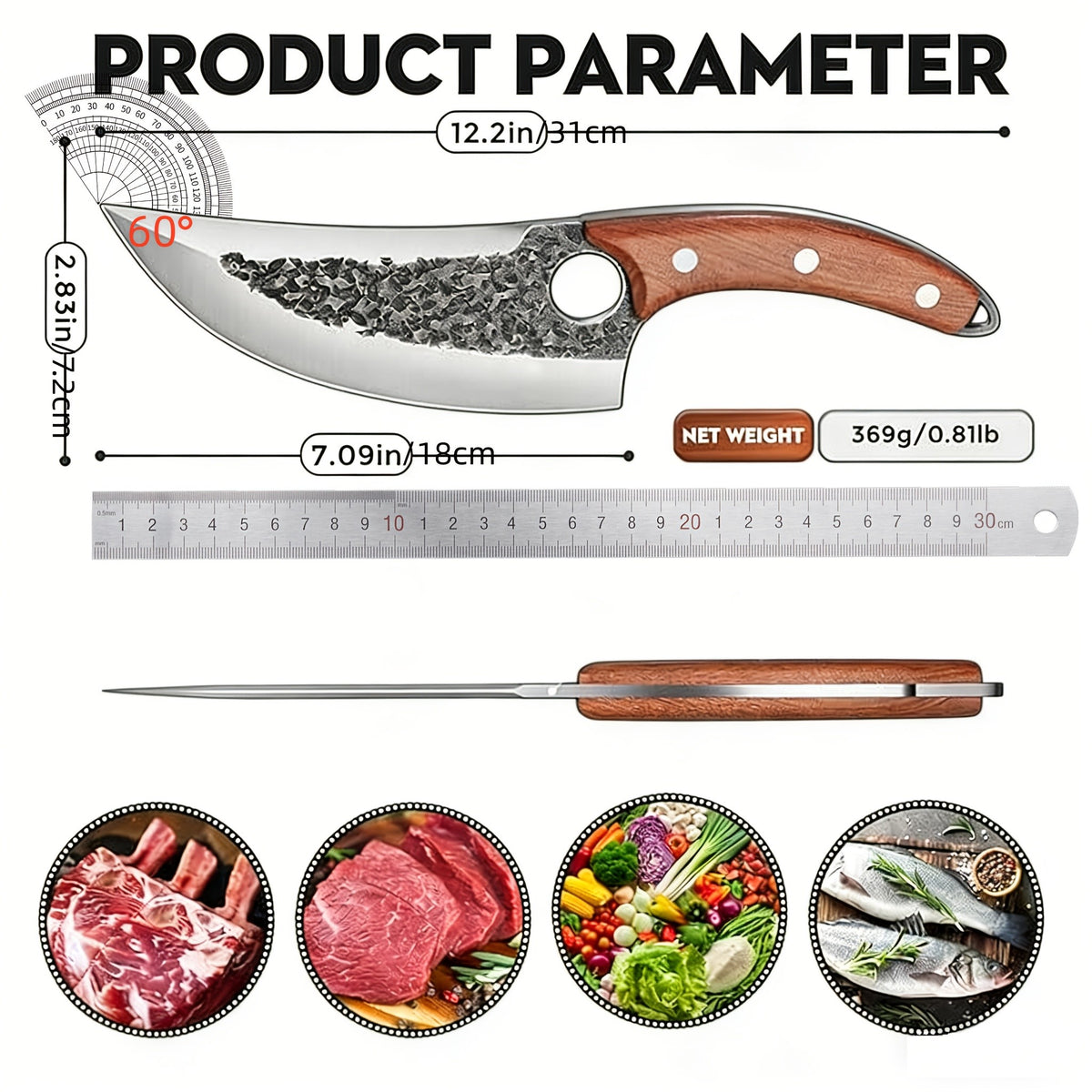 Viking Style Chef Knife with Sheath and Listed Sourwood Handle, Approximately 7-Inch High Carbon Steel Blade for Meat and Vegetable Prep, Camping Cooking and BBQ