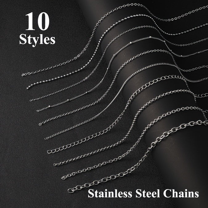 Assorted Jewelry Making Chains in 10 Styles, Stainless Steel Chain Supplies in Golden or Silvery Colors for DIY Necklaces, Bracelets and Handmade Accessories