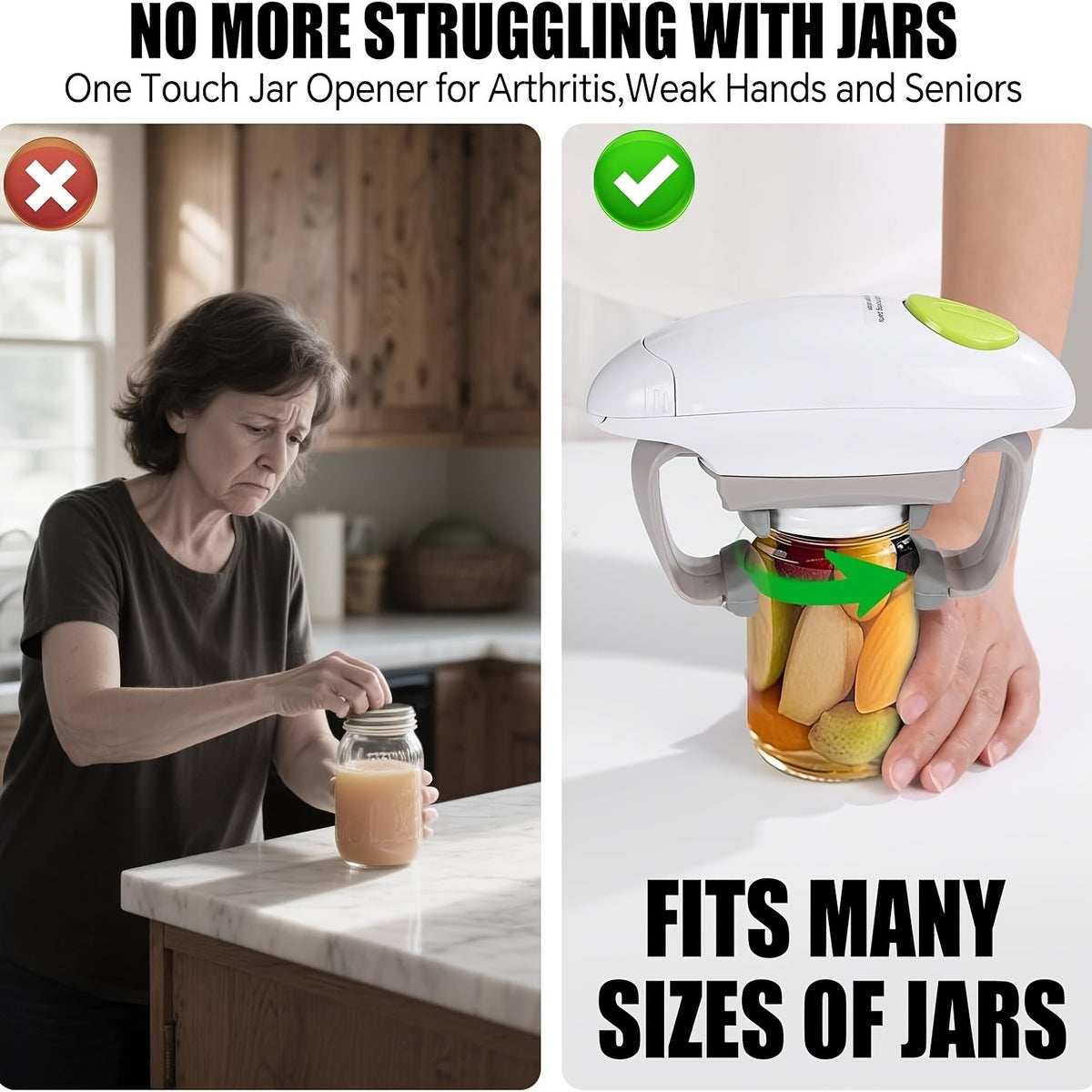 Electric Jar Opener with One-Touch Operation and Auto-Off, Cordless AA Battery-Powered Lid Opening Tool in Black-White for Everyday Kitchen Meal Preparation