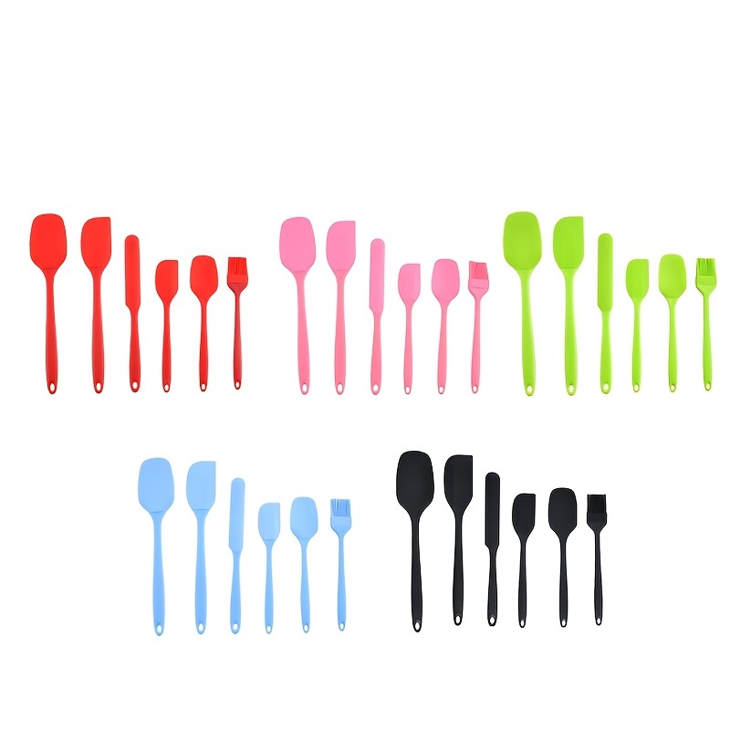 Silicone Baking Utensil Set, Six-Piece Kitchen Tool Selection with Scraper, Spatula and Oil Brush References in Red, Green, Black, Pink or Blue for Cake Preparation