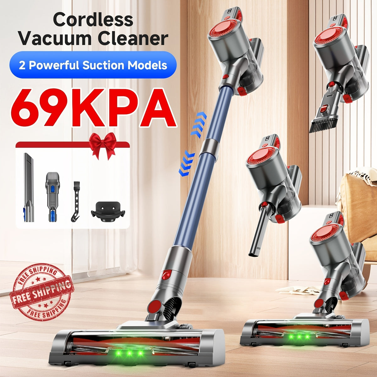 Green LED Vacuum Cleaner with Listed Anti-Tangle Brush, Removable Battery and Multiple Suction Levels, Eight Color Options for Home Floor and Pet Hair Cleanup