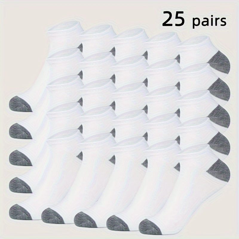 Men's Color-Block Sports Socks 25-Pair Pack with Breathable Low-Cut Design, Black or White One-Size Options for Athletic Shoes and Everyday Casual Wear