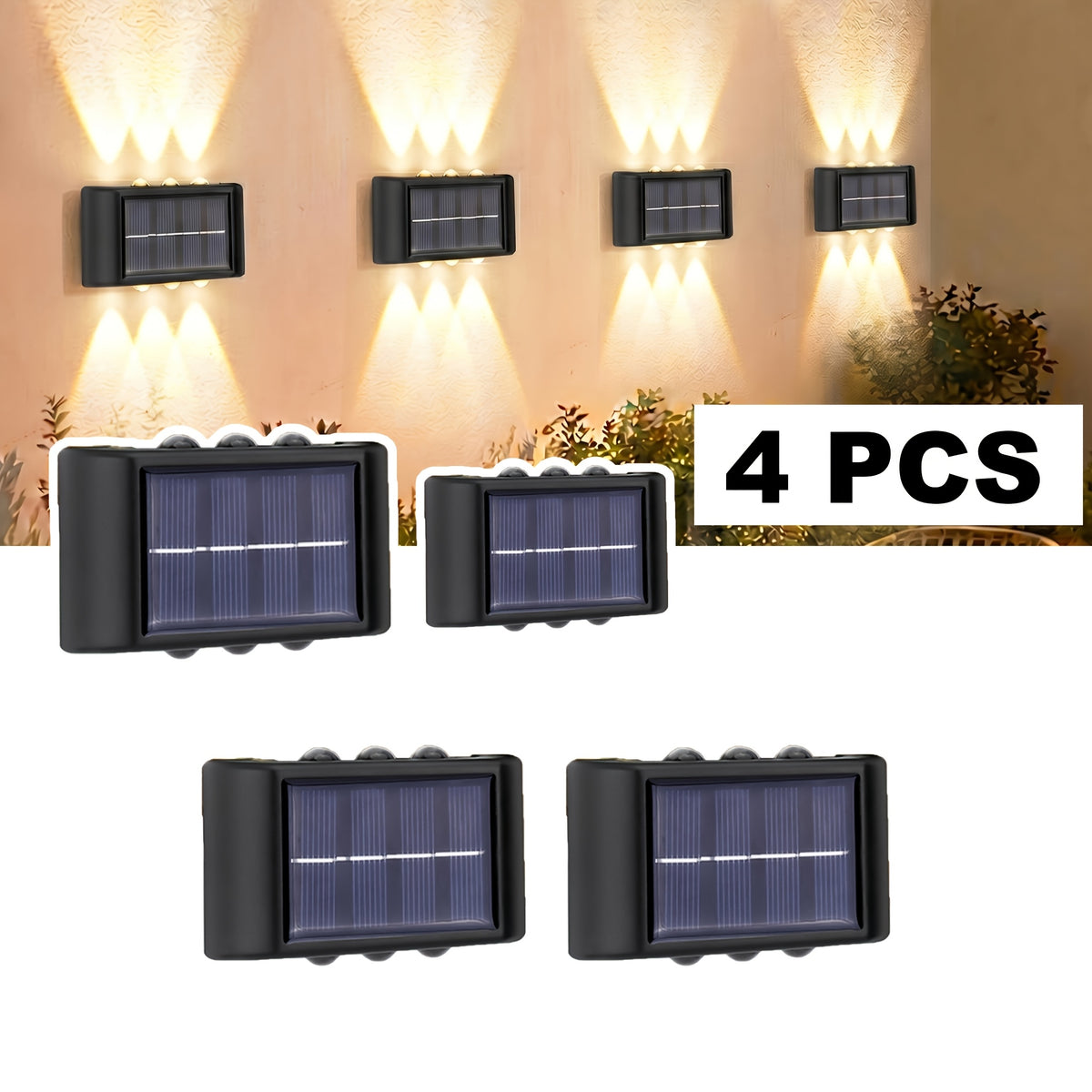 Solar Up and Down Wall Sconces with Listed 6-LED Design, White or Warm Light and 4- or 8-Piece Options for Outdoor Fence, Patio and Garden Decoration