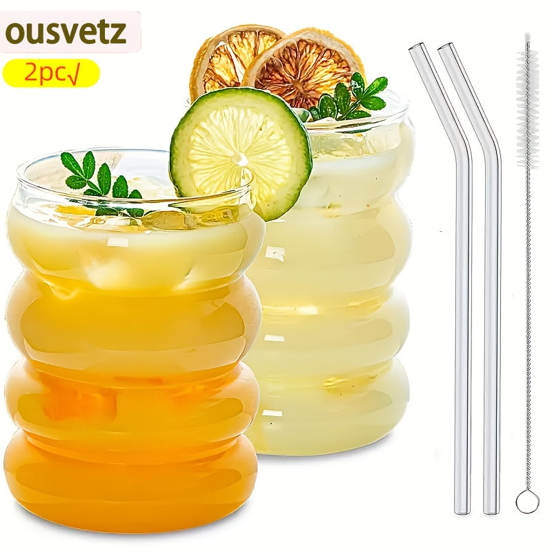 Borosilicate Glass Cup Set with Straws, 2-Piece Caterpillar-Style Single-Wall Drinkware for Iced Coffee, Juice, Milk and Tea Serving at Home or Brunch