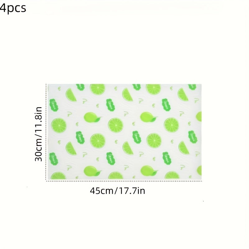 Lemon Pattern Refrigerator Liners in EVA, Four-Piece Washable Reusable Shelf Mat Set for Compatible Kitchen Drawers, Cabinets and Fridge Organization