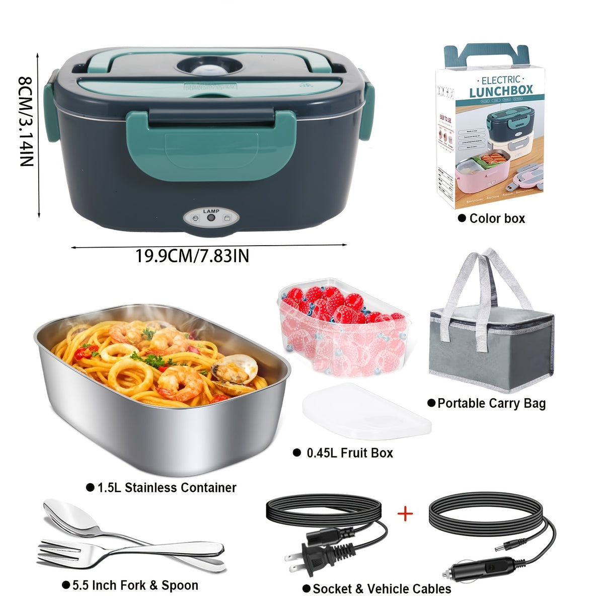Electric Heated Lunch Box, 3-in-1 Portable Food Warmer with 304 Stainless Steel Container, 12V/24V Vehicle and 120V Home Power, Blue for Work and Travel