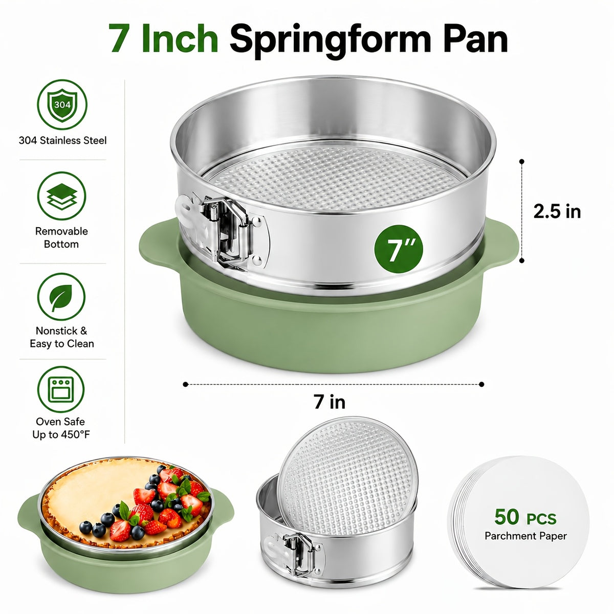 Stainless Steel Springform Pan, 7 or 9 Inch Nonstick Cheesecake Pan with Removable Bottom and Latch, Pan Protector and 50 Parchment Papers for Home Baking