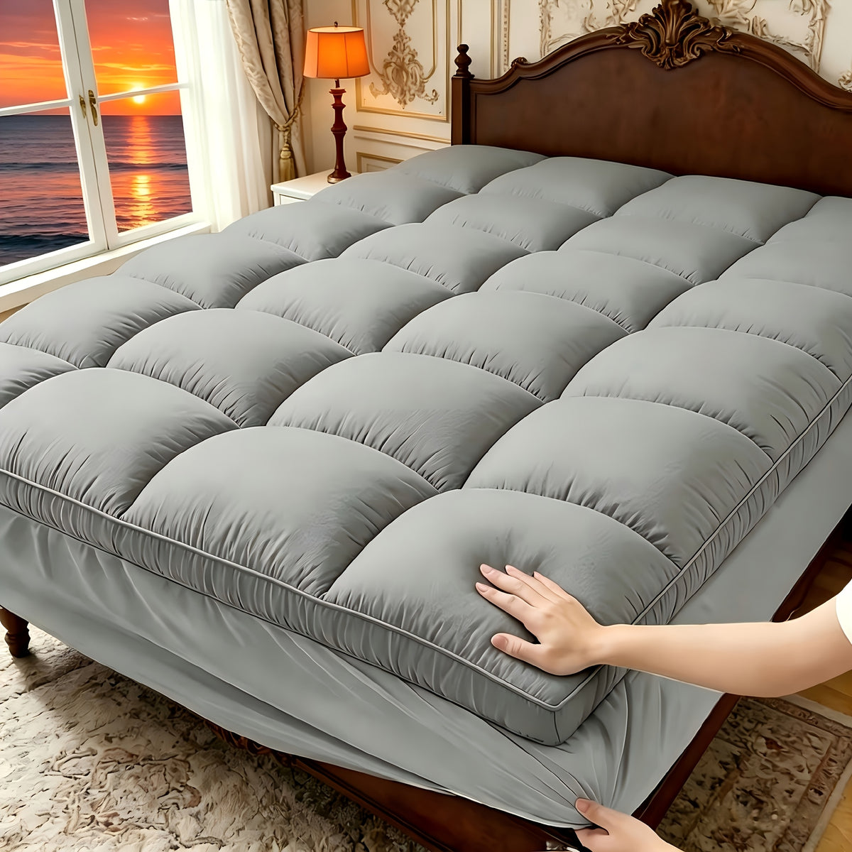 Pillow Top Mattress Pad with Deep Pocket Cover and Listed 7D Spiral Fiber Filling, Twin to California King Bedding with Multiple Color and Bamboo-Labeled Options