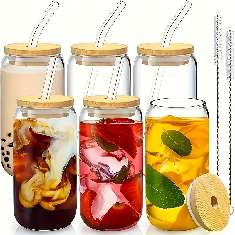 Iced Coffee Glass Set with 16oz Mason Jar Style Mugs, Bamboo Lids and Straws for Reusable Cold Beverage Serving at Home, Brunch Gatherings and Gift Giving