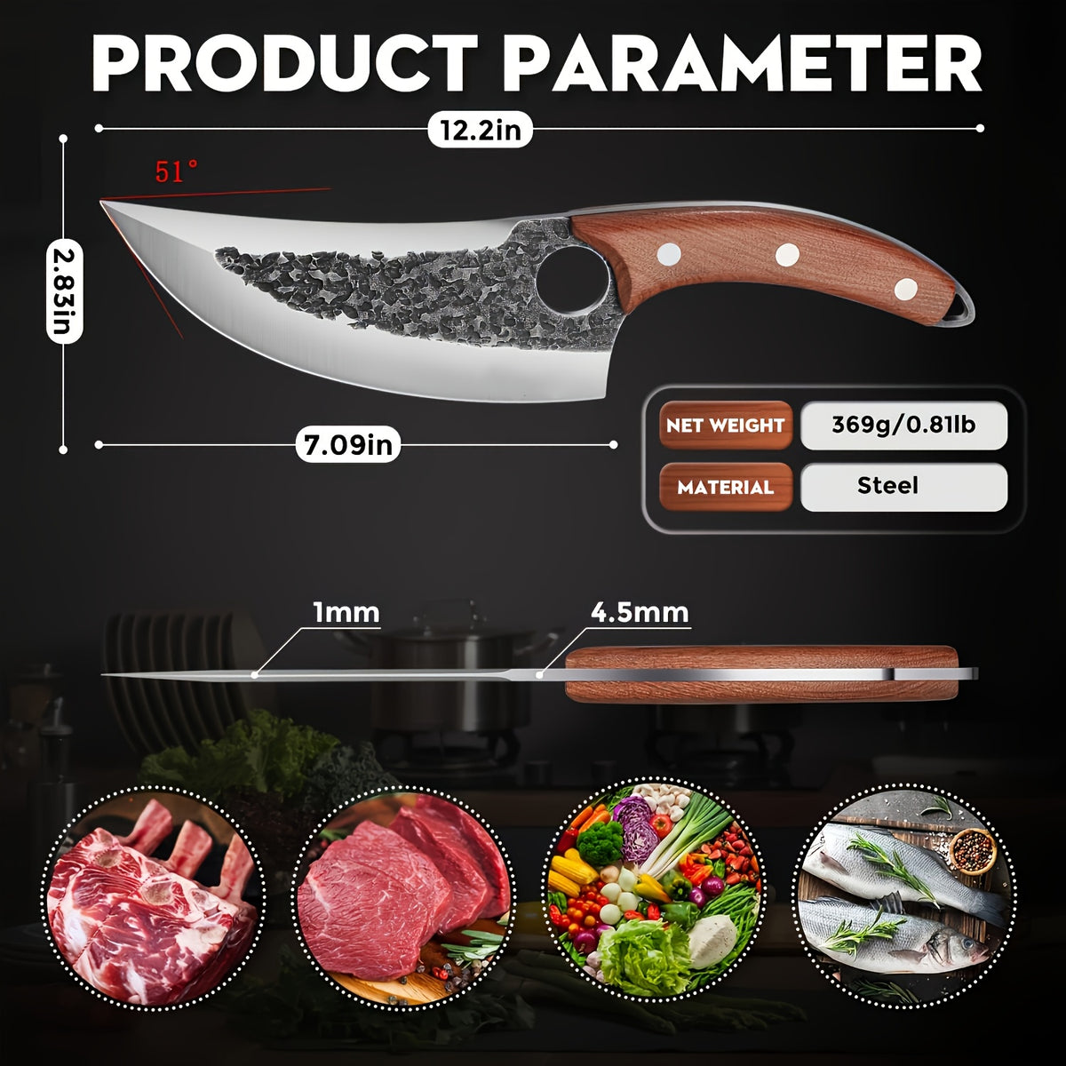 Viking Style Chef Knife with Sheath and Listed Sourwood Handle, Approximately 7-Inch High Carbon Steel Blade for Meat and Vegetable Prep, Camping Cooking and BBQ
