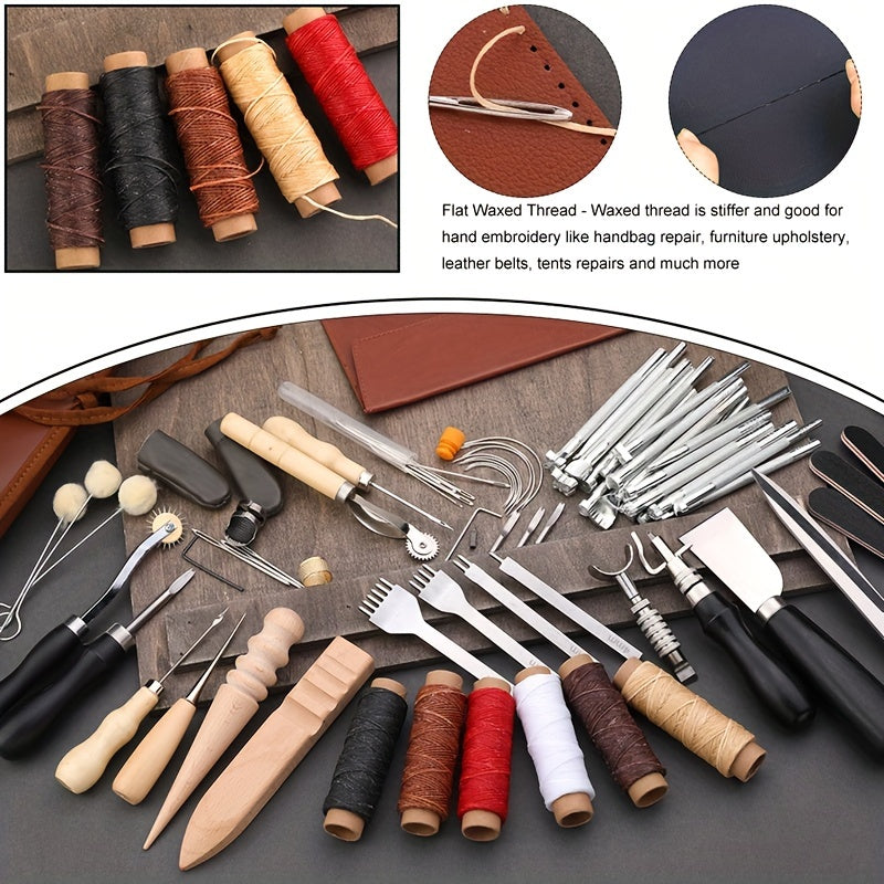 Leather Craft Tool Kit by WUTUREE, Listed 72-Piece Assortment with Faux Leather Storage Bag, Punching and Stamping Tools for Cutting and Hand Sewing DIY Projects