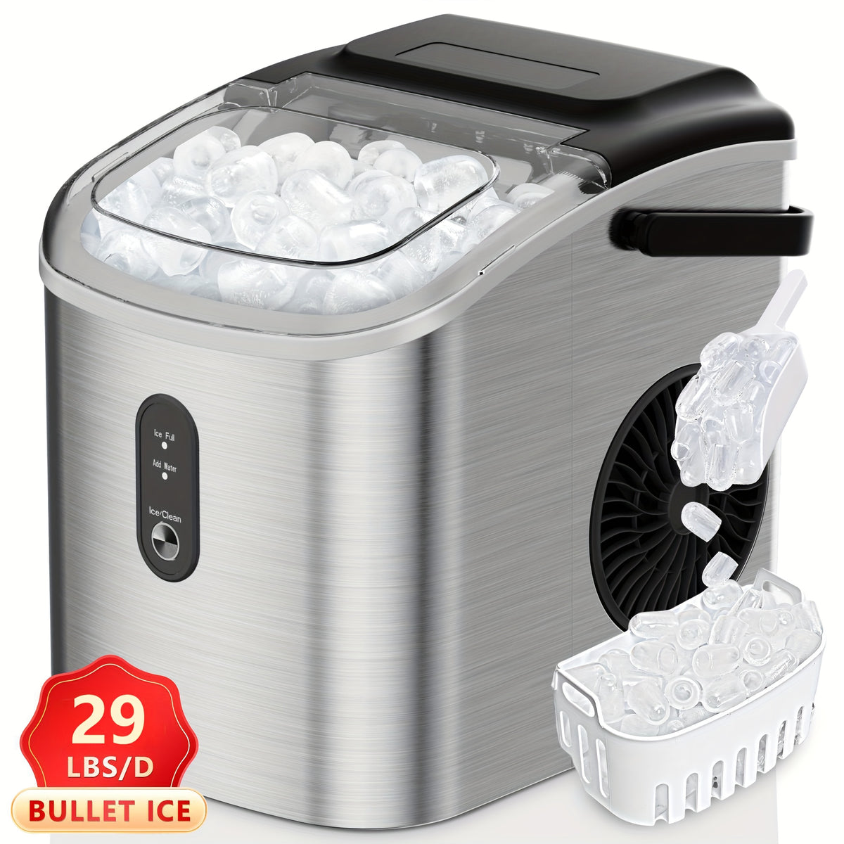 Portable Bullet Ice Machine, Self-Cleaning Ice Maker with Scoop and Basket, Black 26lb or Red and Silver 29lb Labeled Options for Kitchen Drinks and Gatherings