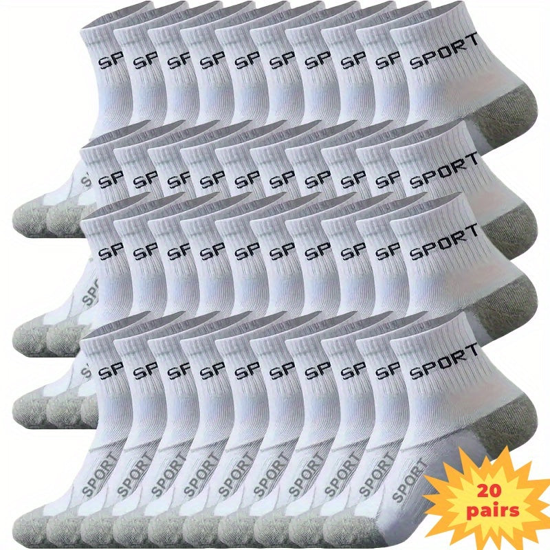 Men's Grey Athletic Socks 20-Pair Pack with Reinforced Heel and Toe, Moisture-Wicking Polyester Knit and Letter Design for Running and Casual Wear