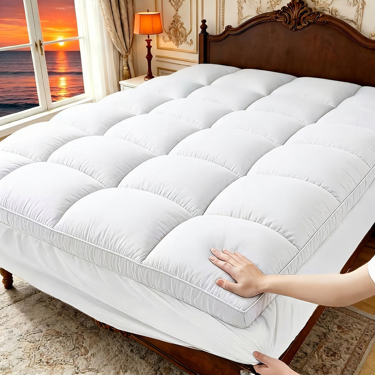 Pillow Top Mattress Pad with Deep Pocket Cover and Listed 7D Spiral Fiber Filling, Twin to California King Bedding with Multiple Color and Bamboo-Labeled Options