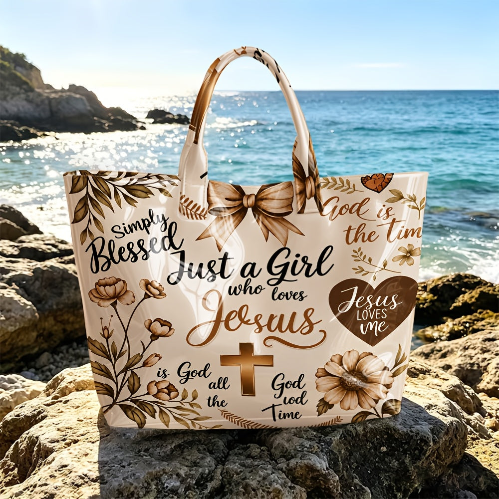 Christian Tote Bag with Floral and Cross Design, Faith-Inspired Glossy Shoulder and Top Handle Handbag for Church, Casual Outings and Everyday Carry
