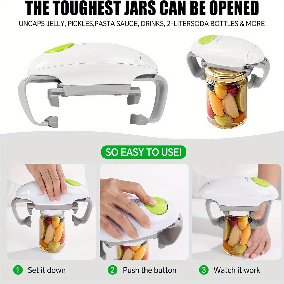 Electric Jar Opener with One-Touch Operation and Auto-Off, Cordless AA Battery-Powered Lid Opening Tool in Black-White for Everyday Kitchen Meal Preparation