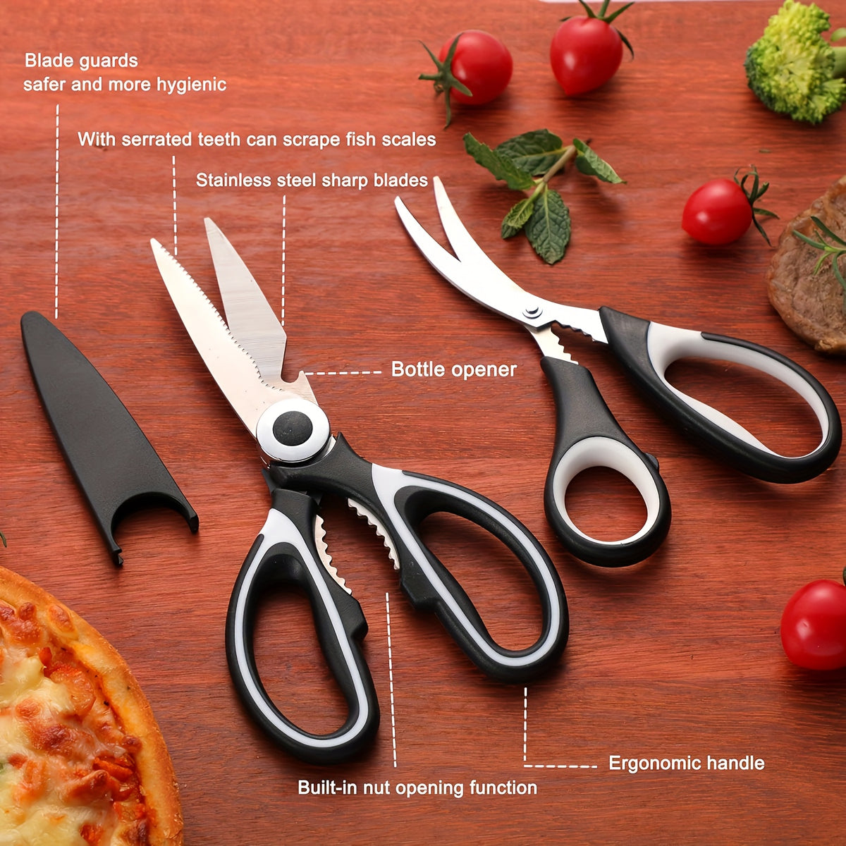 Kitchen Scissors 3-Pack, Heavy Duty Stainless Steel Cooking Shears for Meat, Fish and Poultry Preparation, Black White Multipurpose Food Cutting Set