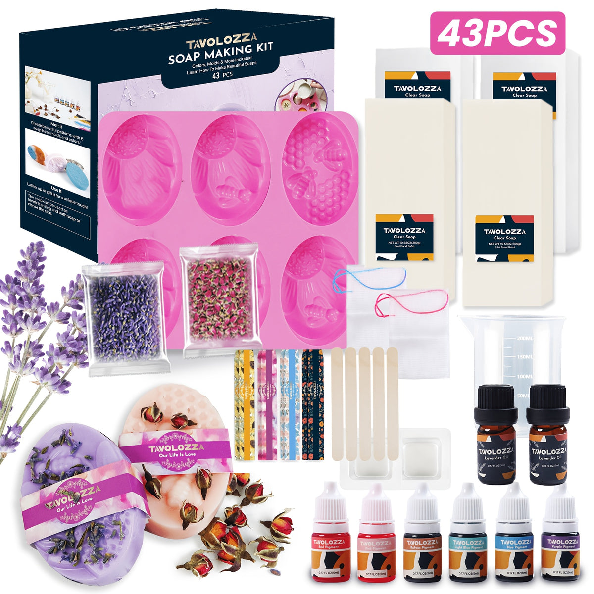 Soap Making Supplies by TAVOLOZZA with 500g Soap Base and Polychrome Options, Listed 43-Piece Kit Reference for Adult DIY Crafts and Handmade Gift Projects