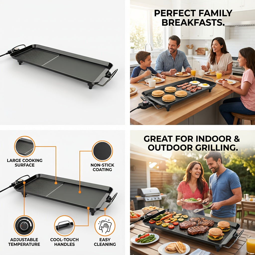 Electric Grill with Nonstick Roasting Surface, Adjustable Temperature and Listed Drip Tray, Extended-Length, Medium or Large Options for Family Meals