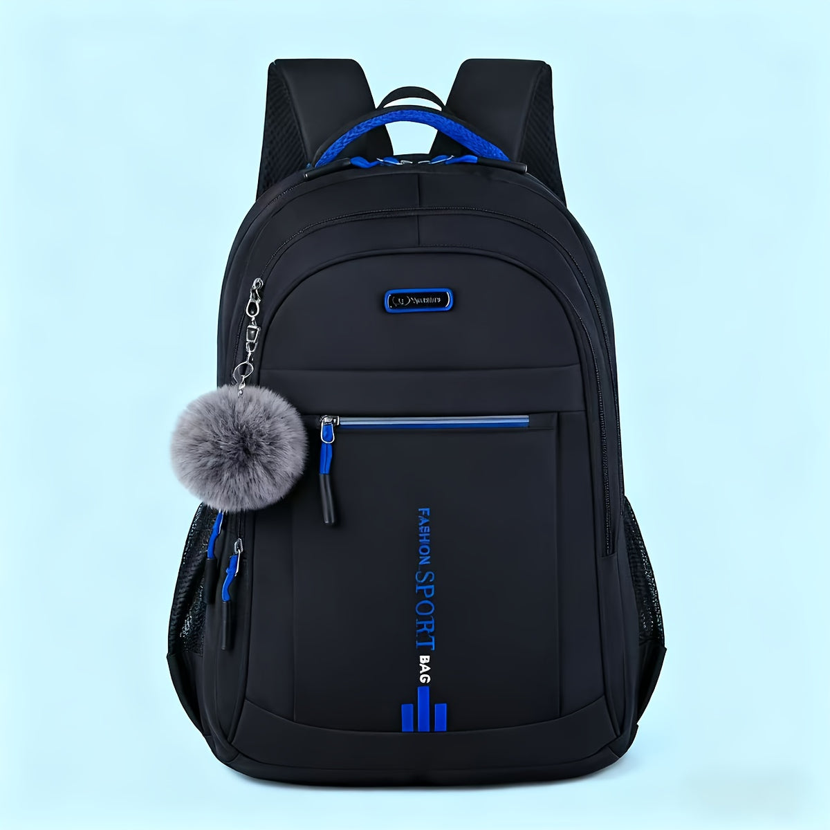 Travel Backpack with Plush Ball Pendant for Men and Women, Nylon Multi-Compartment Carry Bag with Adjustable Shoulder Straps in Black, Blue, Green or Orange