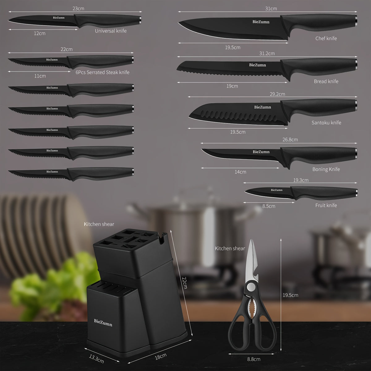 BieZumn Kitchen Knife Set with Black 3-Piece or 14-Piece Options for Everyday Home Cooking, Fruit Preparation and Meal Prep, Multi-Purpose Kitchen Cutlery Selection
