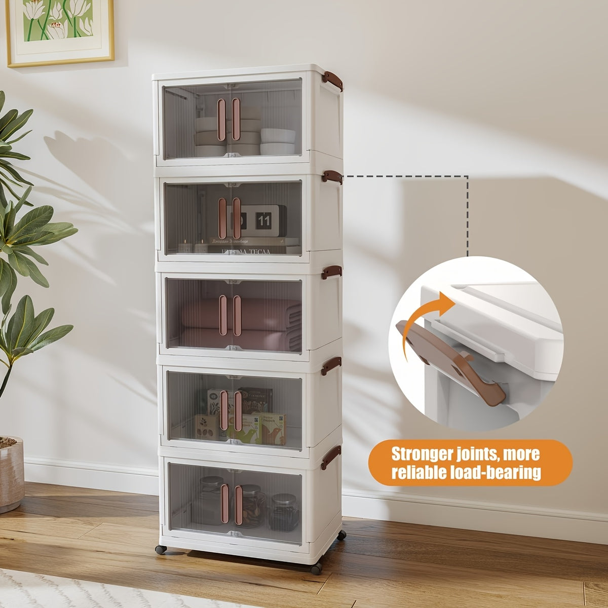 Foldable Plastic Storage Cabinet with Wheels and Transparent Organizer References, White 3pcs, 4pcs or 5pcs Models for Bedroom and Living Room Organization