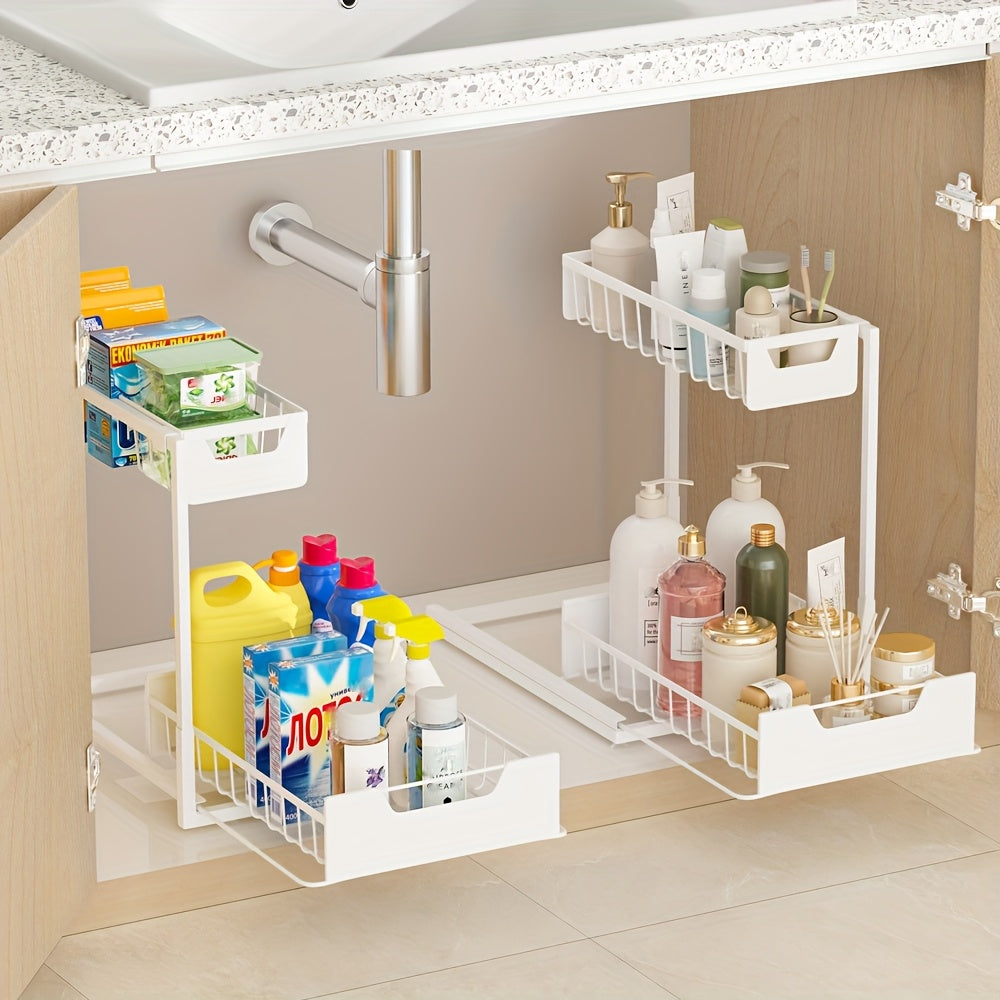 Two-Tier Sliding Under Sink Organizer for Kitchen and Bathroom Cabinets, Metal Pull-Out Storage Rack in Black, White or Gray with Single and Two-Pack Options
