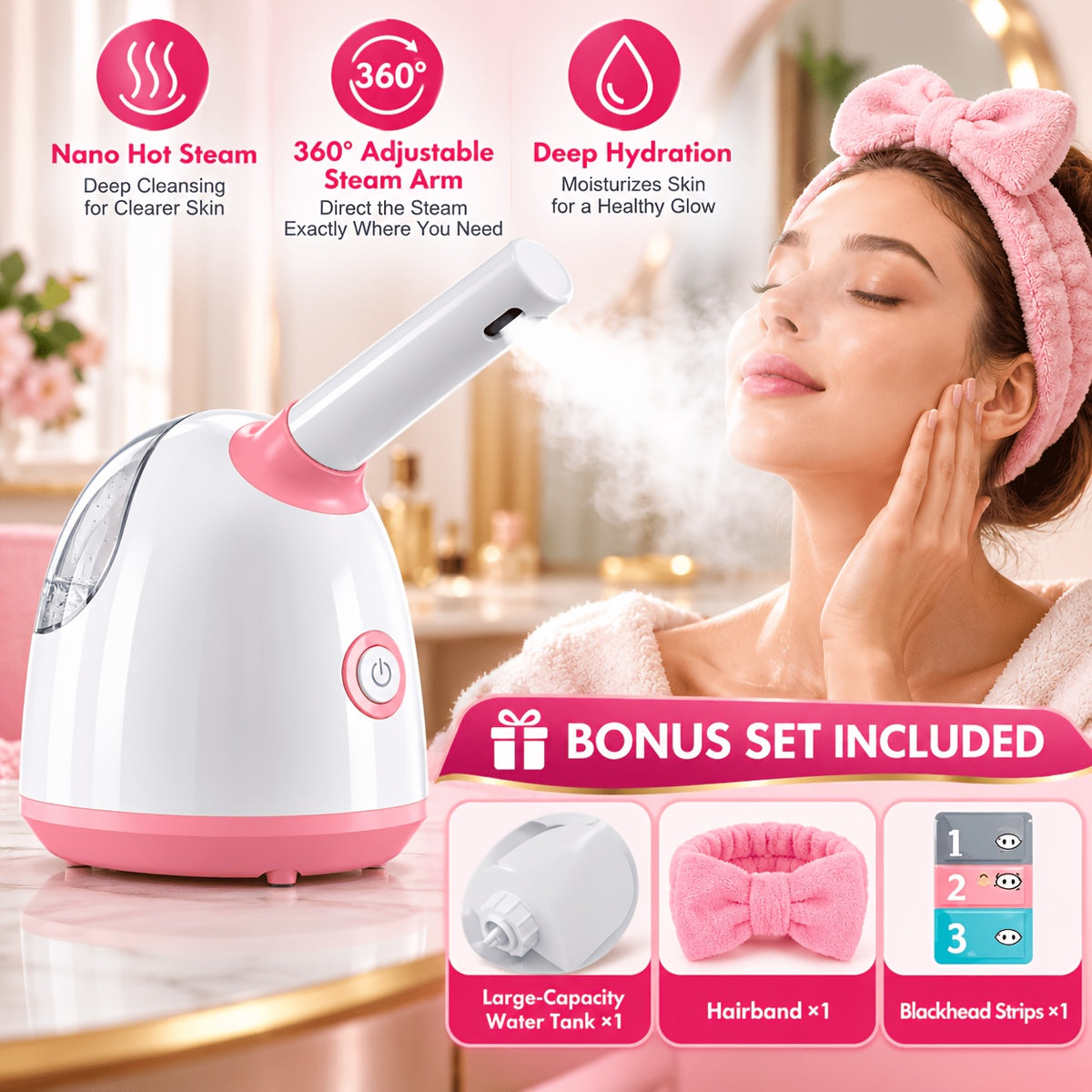 At-Home Facial Steamer Options for Personal Skin Care, Portable, Upgraded and Flagship Models with Listed Rotatable Arm and Accessory References
