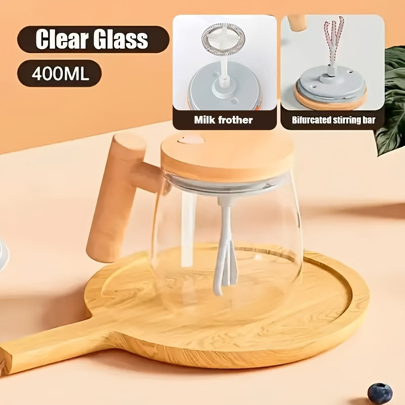 Self-Stirring Mug 400ml OBS-JB01 with Listed 8cm Stirring Bar, Borosilicate Glass and Imitation-Wood Plastic Design for Coffee, Milk and Compatible Powdered Drinks